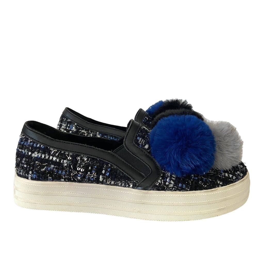 Skechers Street Slip On Platform Sneakers Shoes Pom Poms Size 7 Blue Black